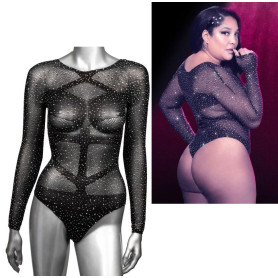 Body donna erotico nero trasparente con brillantini Long Sleeve Bodysuit XL/3XL