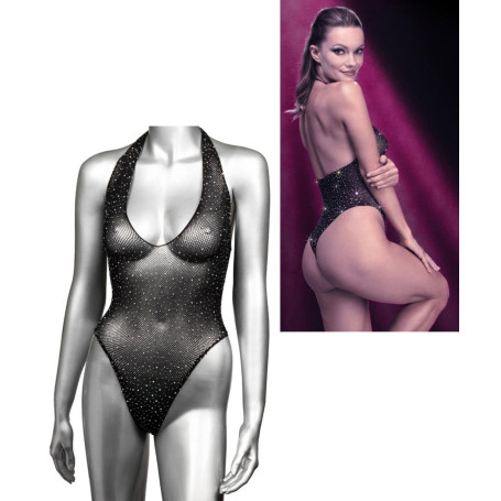 Body perizoma donna erotico nero con brillantini Deep V Bodysuit S/L