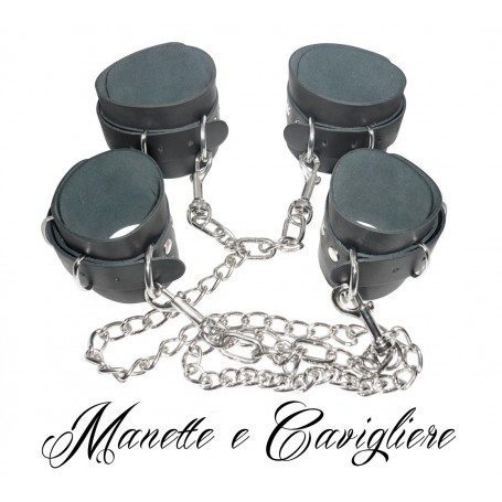 Cavigliere Manette bondage fetish costrittivo in vera pelle unite da catena e ganci