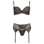 lingerie tre pezzi reggiseno perizoma reggicalze nero con pizzo trasparente sexy