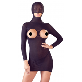 mini abito sexy nero manica lunga con maschera aperto seno per donna black