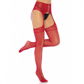 Collant con reggicalze sexy a rete lingerie intimo da donna rosso cavallo aperto