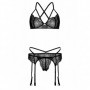 Completo intimo sexy reggiseno in pizzo perizoma nero reggicalze lingerie donna