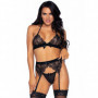 Completo intimo donna reggiseno perizoma reggicalze in pizzo nero trasparente
