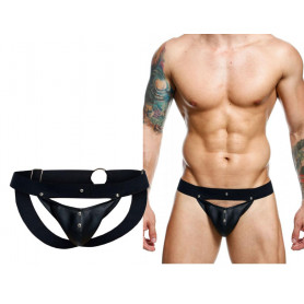 Perizoma uomo sospensorio in ecopelle slip nero jockstrap intimo sexy maschile