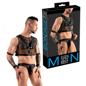 Completo intimo bondage uomo sexy maglia e perizoma in rete nera con imbragatura