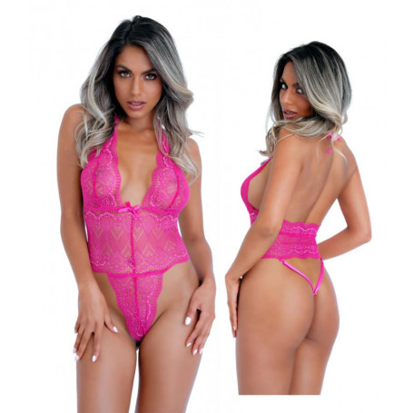 Bodysuit in pizzo fucsia body con perizoma lingerie sexy donna intimo erotico