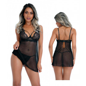 Vestitino donna sexy nero trasparente hot mini abito erotico in pizzo con tanga