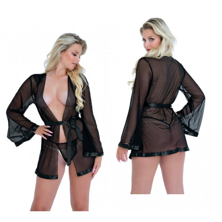 Vestaglia donna sexy con tanga kimono corto nero trasparente biancheria da notte