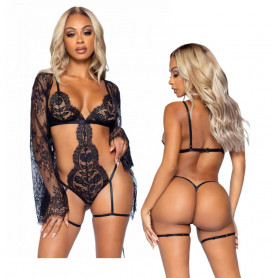 Body con vestaglia e perizoma bodysuit sexy in pizzo nero lingerie erotica donna