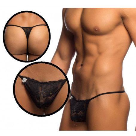 Perizoma uomo sexy in pizzo tanga g string nero trasparente intimo slip mutanda