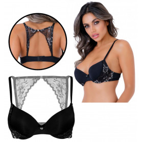 Reggiseno push up intimo donna senza ferretto sexy nero con pizzo trasparente