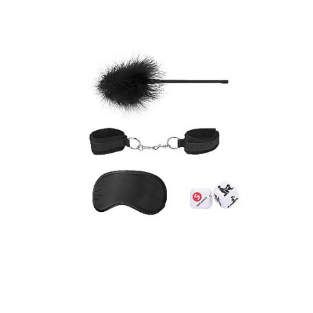 Kit soft bondage mascherina occhi manette dadi frustino con pelo set sadomaso