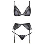 Completo intimo donna sexy reggiseno perizoma tanga g string con reggicalze nero