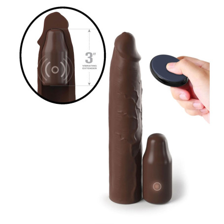 Guaina fallica realistica vibrante per allungamento pene  Sleeve 9 In + 3 In Plug Remote brown