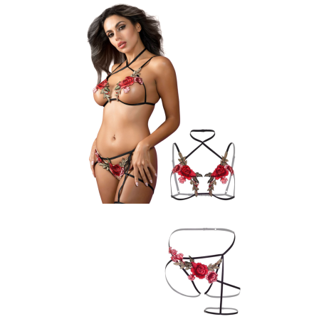 Completo intimo sexy per donna Roses bra and crotchless panty